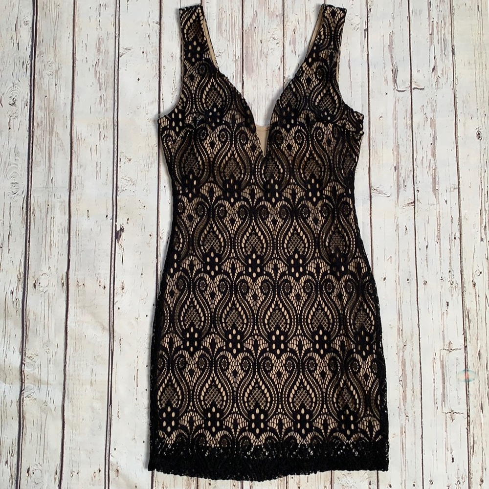 Black and nude lace mini dress